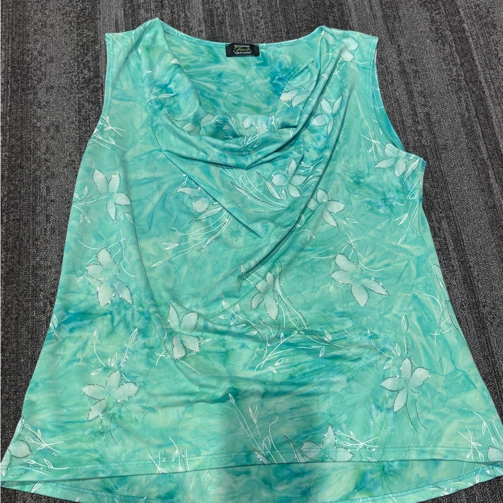 Aqua Floral Sleeveless Scoop-neck Top